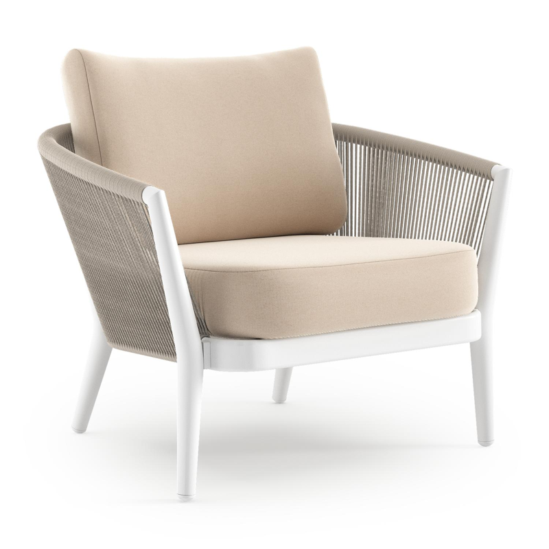 Orso loungestoel 1-zit in wit aluminium en beige verticaal geweven ronde rope met natte linen chalk all weather sunbrella® luxe kussen