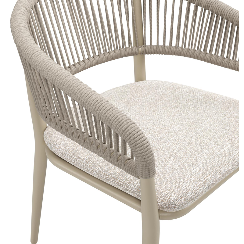 Tolfa stapelbare tuinstoel in beige aluminium en beige verticaal geweven ronde rope met stoelkussen in All Weather Sunbrella® Luxe Tundra Sand