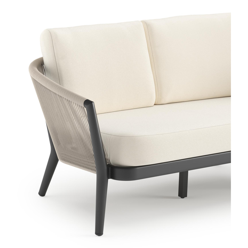 Orso loungebank in zwart aluminium en beige verticaal geweven ronde rope met Natte White all weather sunbrella® luxe kussen
