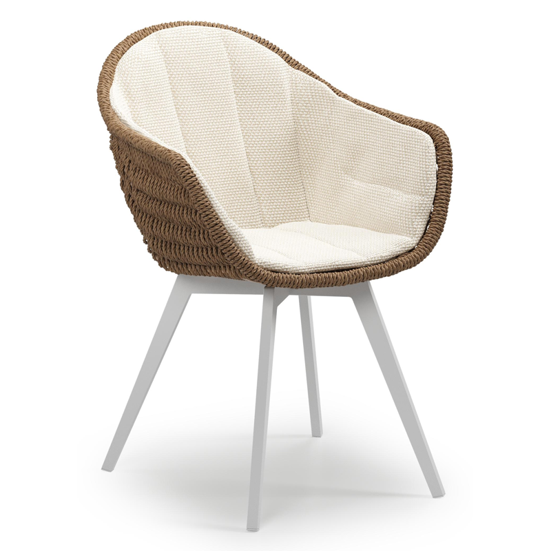 Pagino tuinstoel in wit aluminium en bruin ronde wicker met zitkussen in All Weather Cosytica Althea Off White