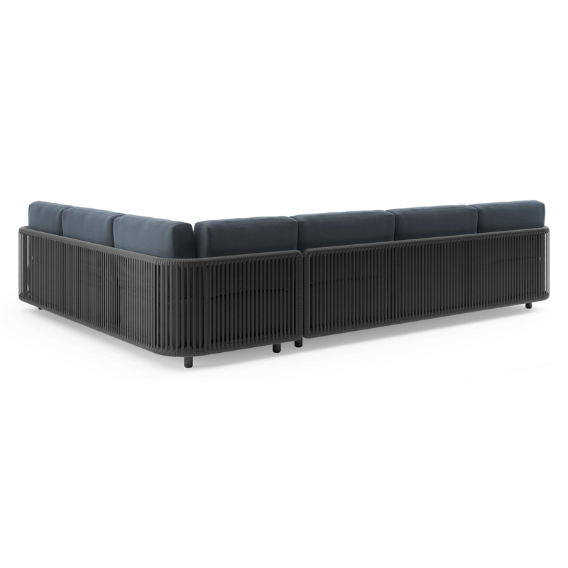 Organo loungehoek in zwart aluminium en zwart verticaal geweven luxe vlakke rope met heritage indigo all weather Sunbrella® luxe kussen