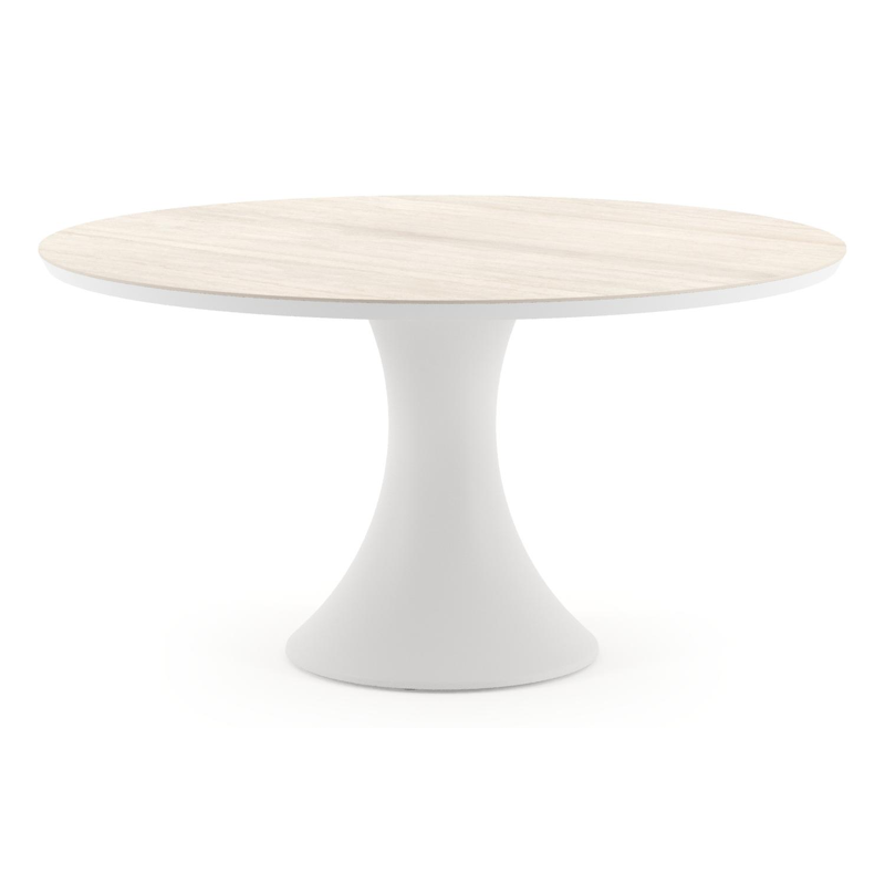 Table de jardin Fano ronde en aluminium blanc et céramique pleine Travertino Bianco - Diam. 148 x Haut. 75 cm