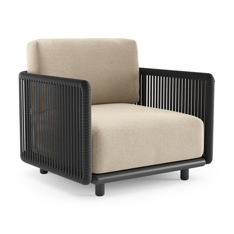 Organo loungestoel in zwart aluminium en zwart verticaal geweven luxe vlakke rope met althea chalk all weather Cosytica kussen