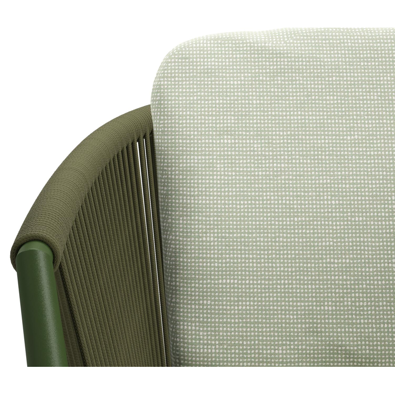 Orso tuinstoel in groen aluminium en groen verticaal geweven ronde rope met luxe zitkussen in All Weather Sunbrella® Luxe Slow Spirea