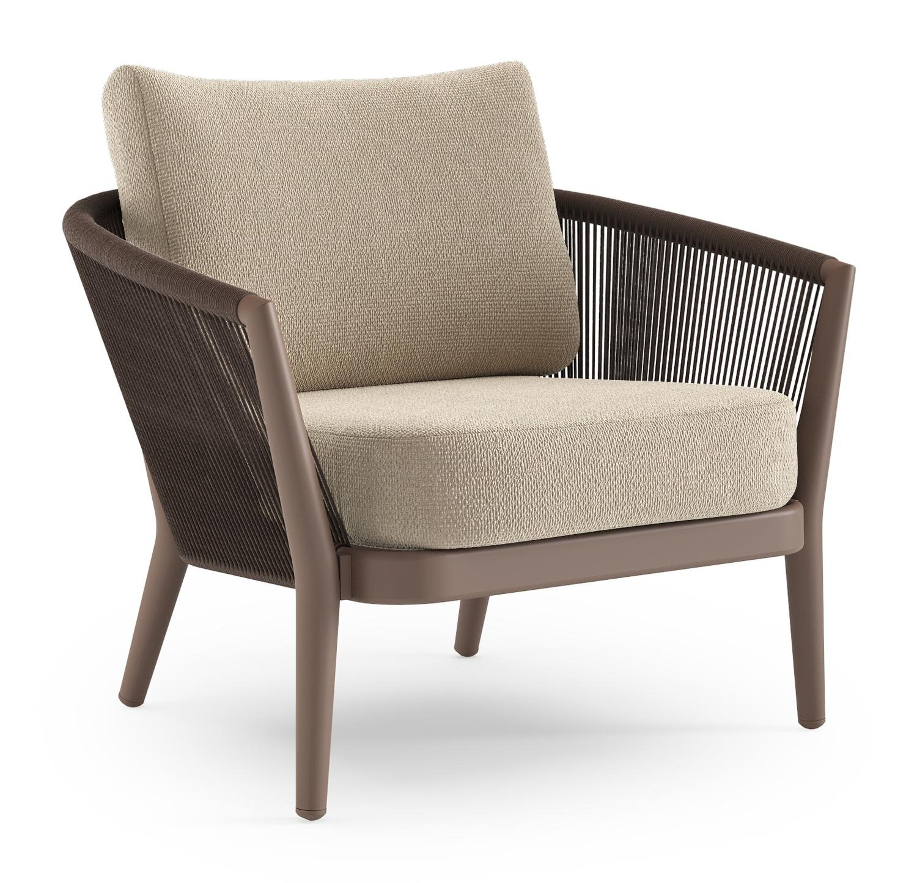Fauteuil de jardin Orso en aluminium taupe en corde ronde tissée verticalement noir et coussins en all weather cosytica Althea Chalk