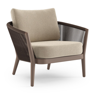 Fauteuil de jardin Orso en aluminium taupe en corde ronde tissée verticalement noir et coussins en all weather cosytica Althea Chalk
