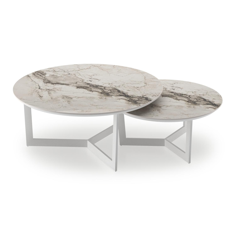 Lacrima loungetafels in wit aluminium en colorado dunes volkeramiek - Dia. 85/65 x H 35/30 cm