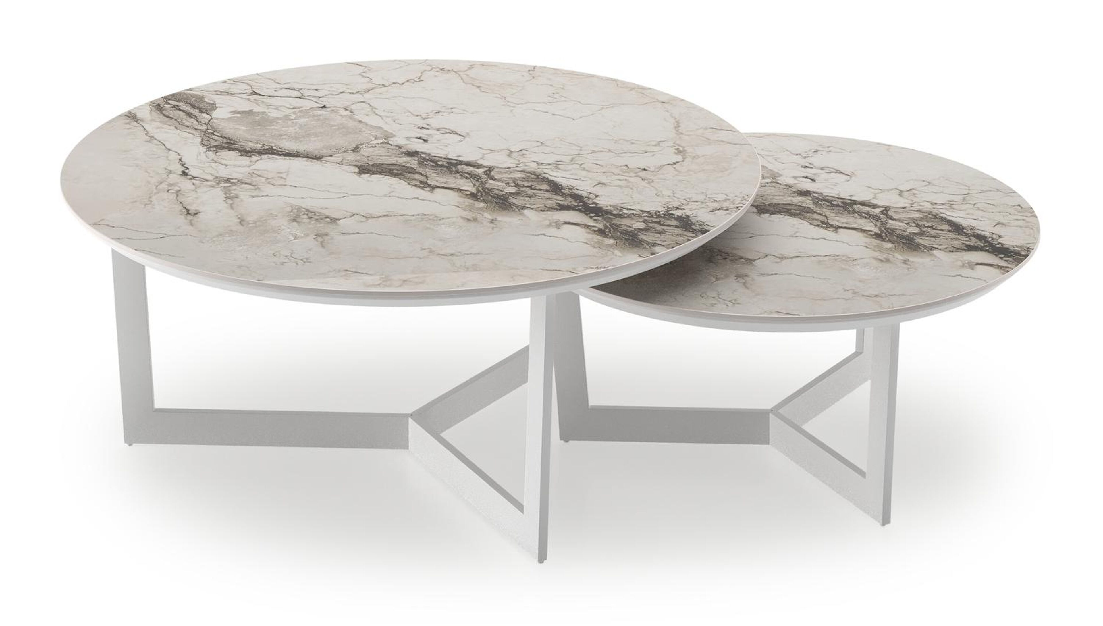 Lacrima loungetafels in wit aluminium en colorado dunes volkeramiek - Dia. 85/65 x H 35/30 cm