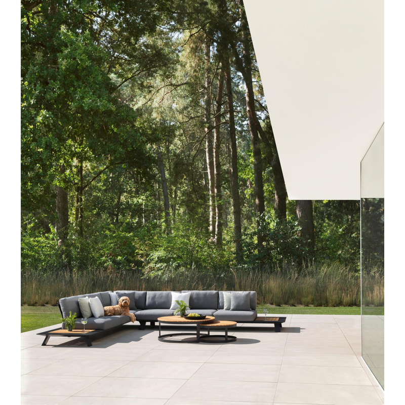 Enna loungetafels in zwart aluminium en naturel teak - tafel 1: Dia. 70 x H 30, tafel 2: Dia.100 x H 37 cm