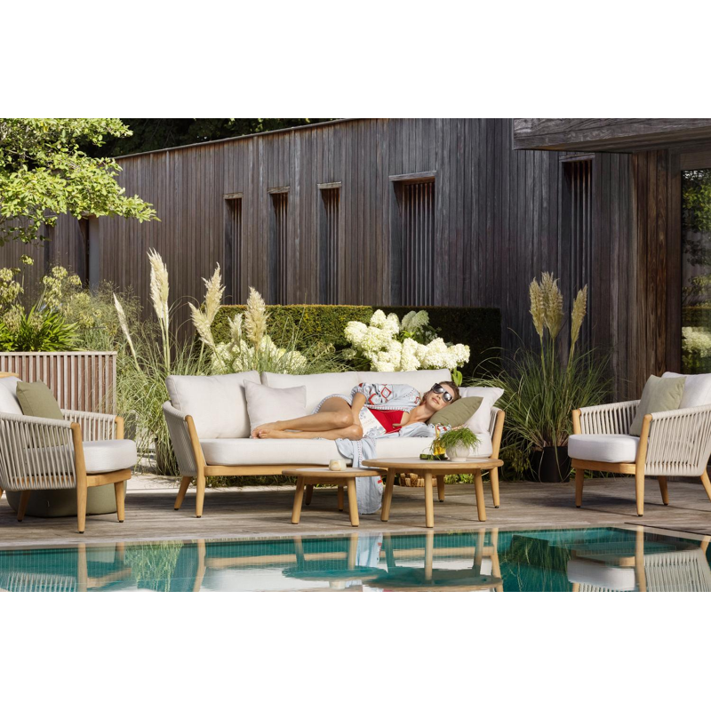 Orso loungeset in teak en beige verticaal geweven luxe vlakke rope met lopi marble all weather sunbrella® luxe kussens