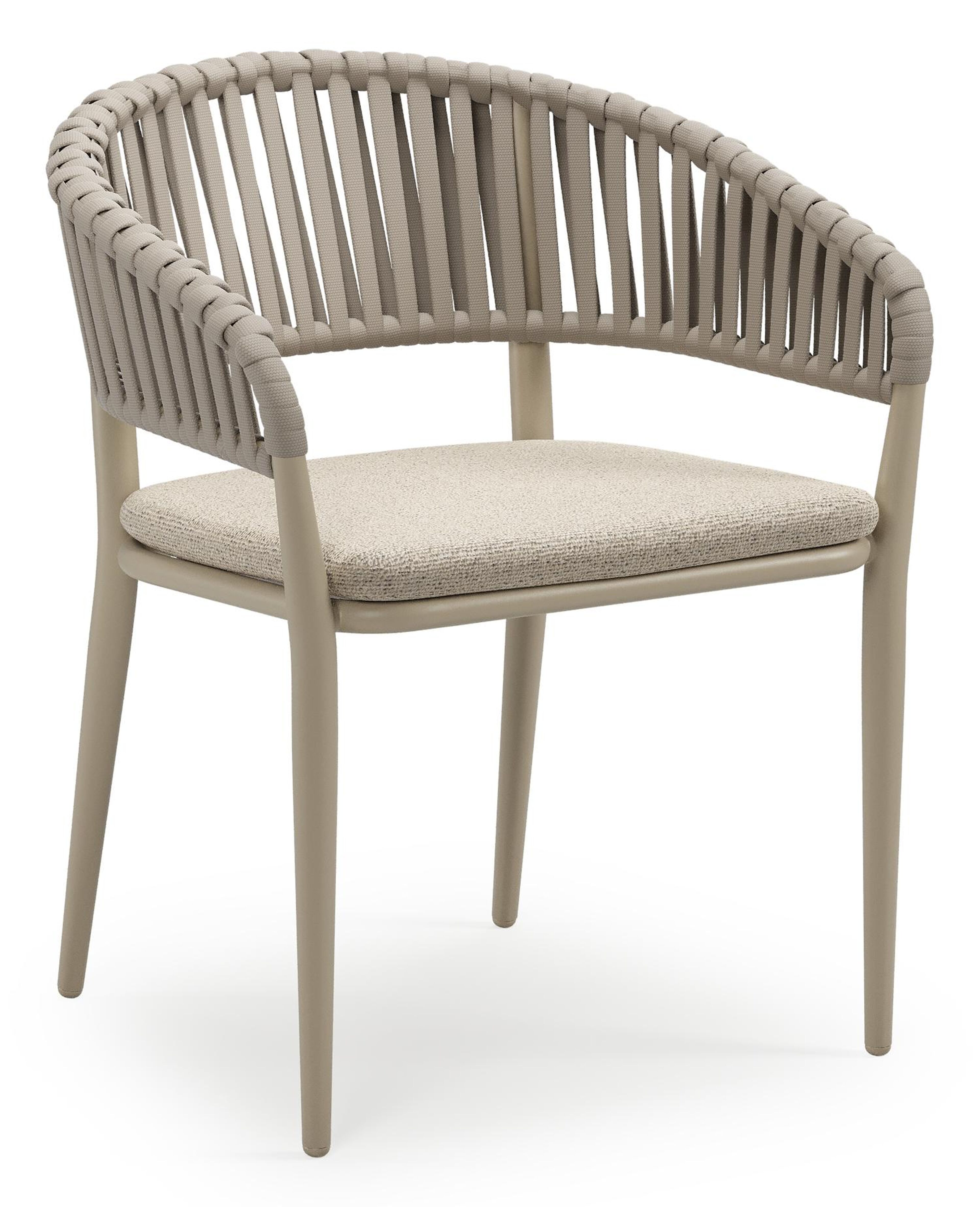 Tolfa stapelbare tuinstoel in beige aluminium en beige verticaal geweven luxe vlakke brede rope met stoelkussen in All Weather Cosytica Marbella Beige