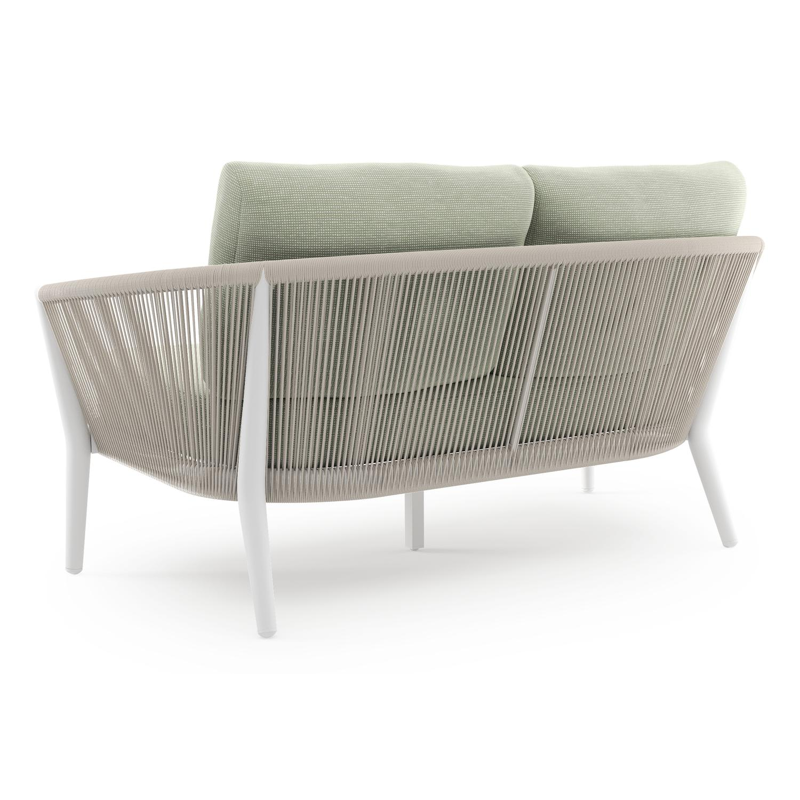 Canapé de jardin Orso en aluminium blanc en corde ronde tissée verticalement beige et coussins en all weather sunbrella® luxe Slow Spirea