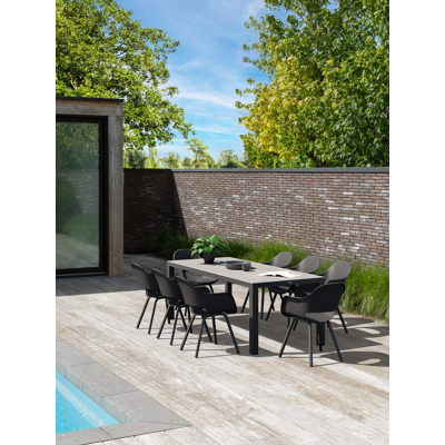 Ensemble de jardin Varese en aluminium noir avec plateau de table en céramique pleine gris et 8 chaises de jardin Artena