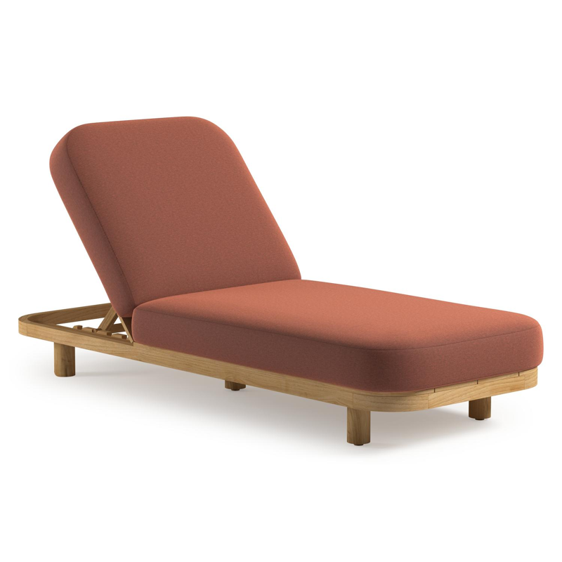 Chaise longue réglable Donato en teck avec All Weather Sunbrella® luxe heritage rust coussin