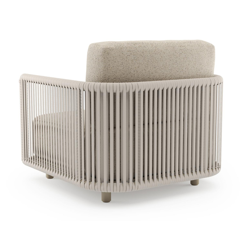 Organo loungestoel in beige aluminium en beige verticaal geweven luxe vlakke rope met bora desert all weather Cosytica kussen