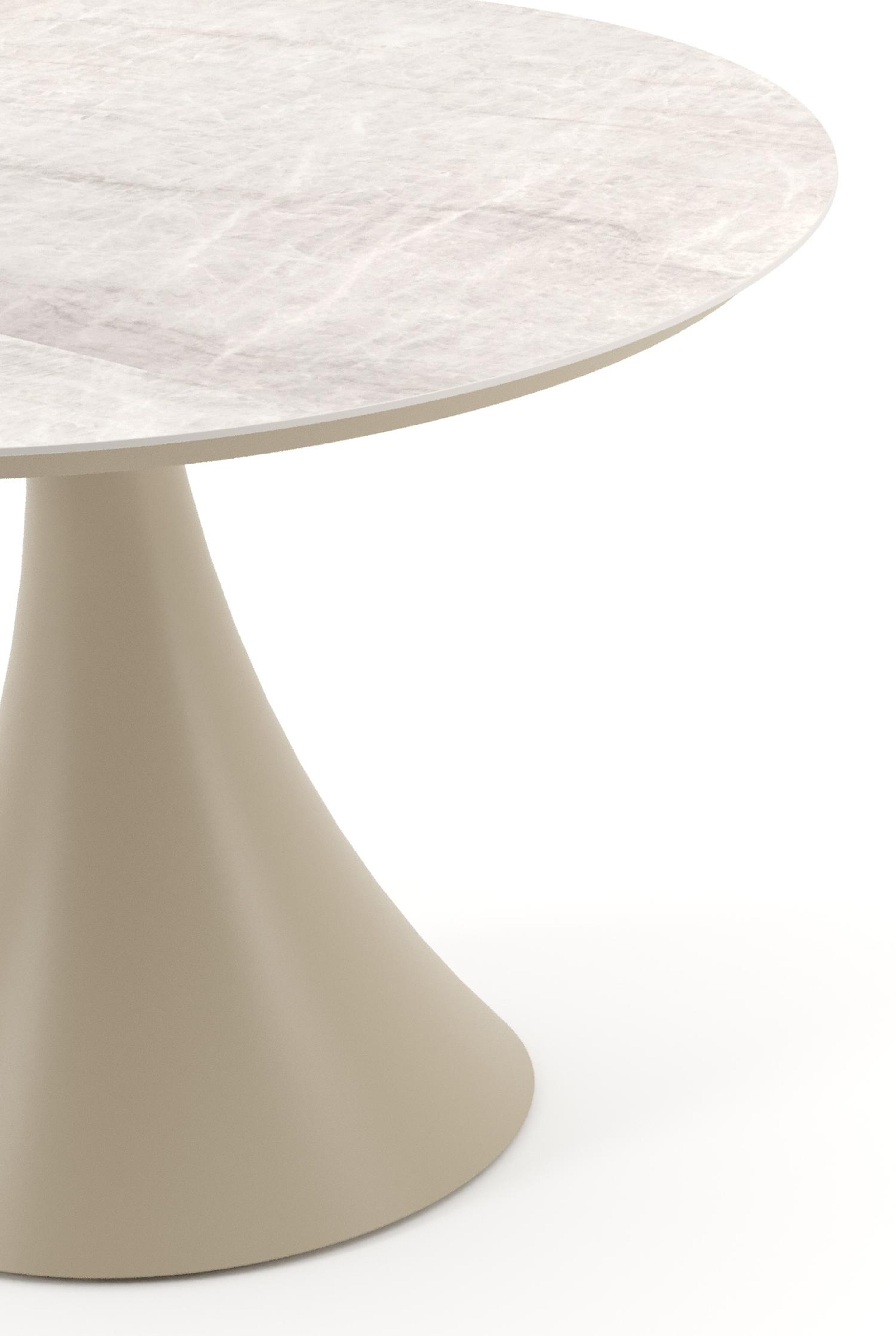 Table de jardin Fano ronde en aluminium beige et céramique pleine Travertino Bianco - Diam. 110 x Haut. 74 cm