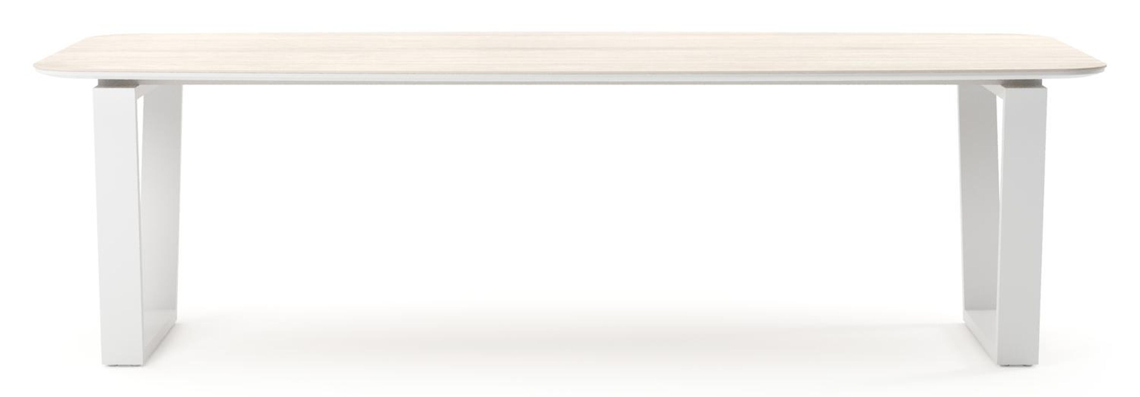 Table de jardin Pagino forme de bateau en aluminium blanc et céramique pleine Travertino Bianco - Lg. 255 x Lrg. 115 x Haut. 73 cm