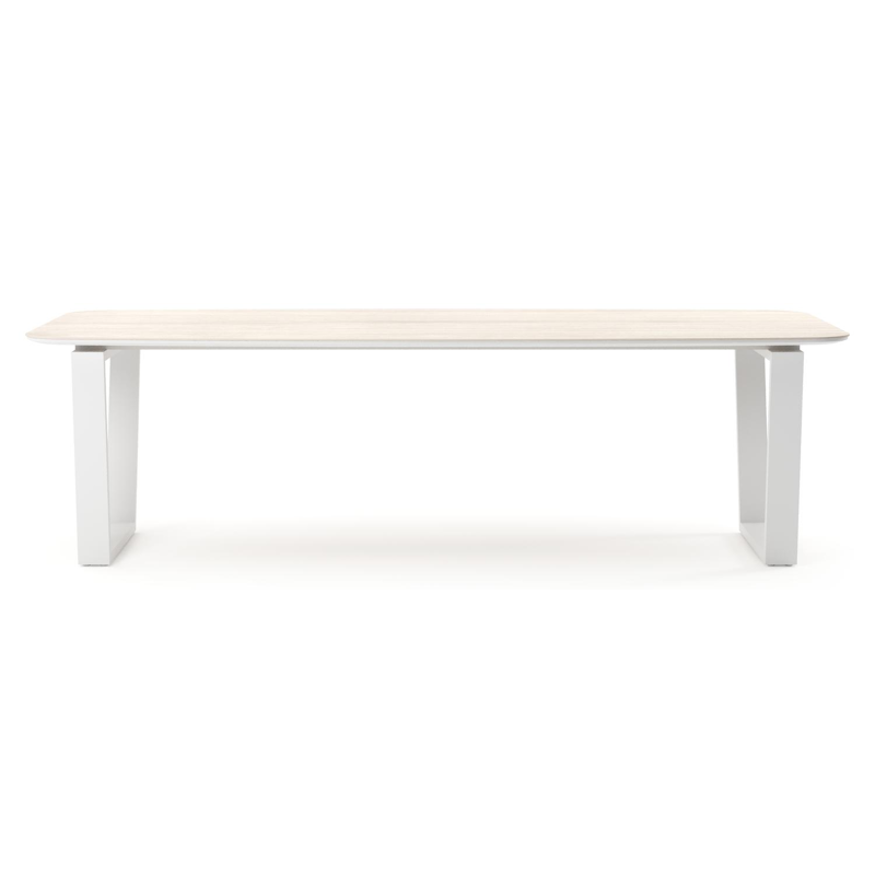 Pagino tuintafel bootvorm in wit aluminium en volkeramiek Travertino Bianco - L 255 x B 115 x H 73 cm
