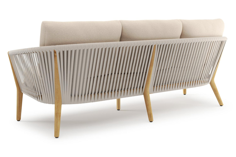 Orso loungebank in teak en beige verticaal geweven luxe vlakke rope met Heritage Papyrus all weather sunbrella® luxe kussen