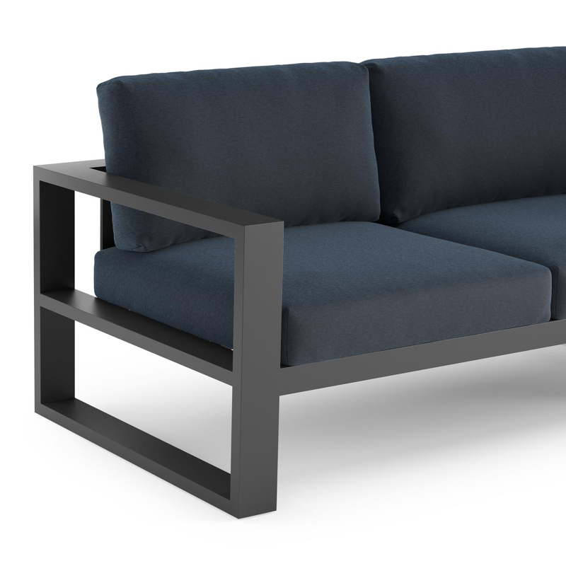Verato loungehoek in zwart aluminium met heritage indigo all weather sunbrella® luxe kussen