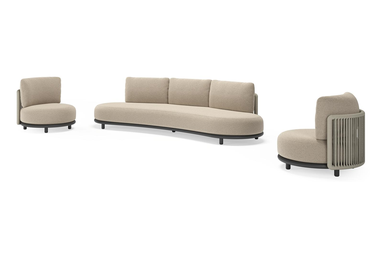 Lomano loungeset in zwart aluminium en beige verticaal geweven luxe vlakke rope met Marbella Beige all weather cosytica