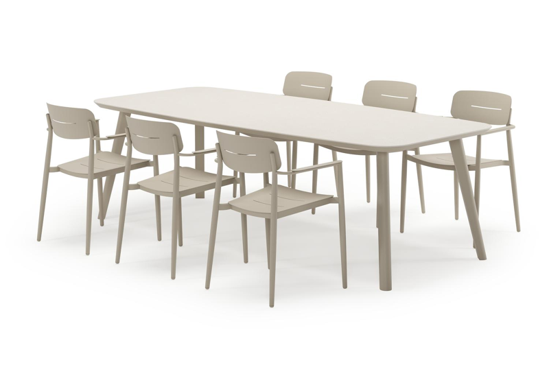 Mosa bootvormige tuinset in beige aluminium en sintered stone crema minerale met 6 Cosa tuinstoelen