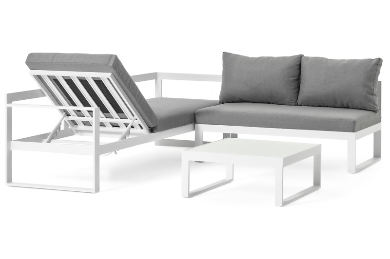 Caldela loungehoek in wit aluminium met grijs polyester kussens en loungetafel