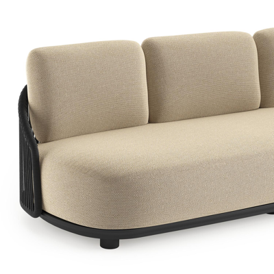 Vadelo loungebank in zwart aluminium en zwart verticaal geweven ronde rope met althea camel all weather cosytica kussen