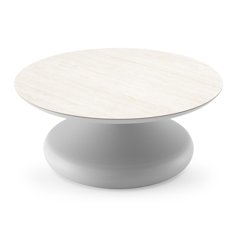 Bomero loungetafel rond in wit aluminium en volkeramiek Travertino Bianco - Dia. 84 x H 32.2 cm