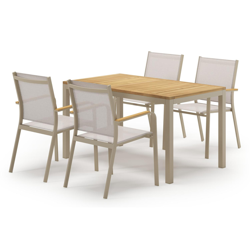 Feltro tuinset in beige aluminium en teak met 4 stapelbare Amalfi tuinstoelen