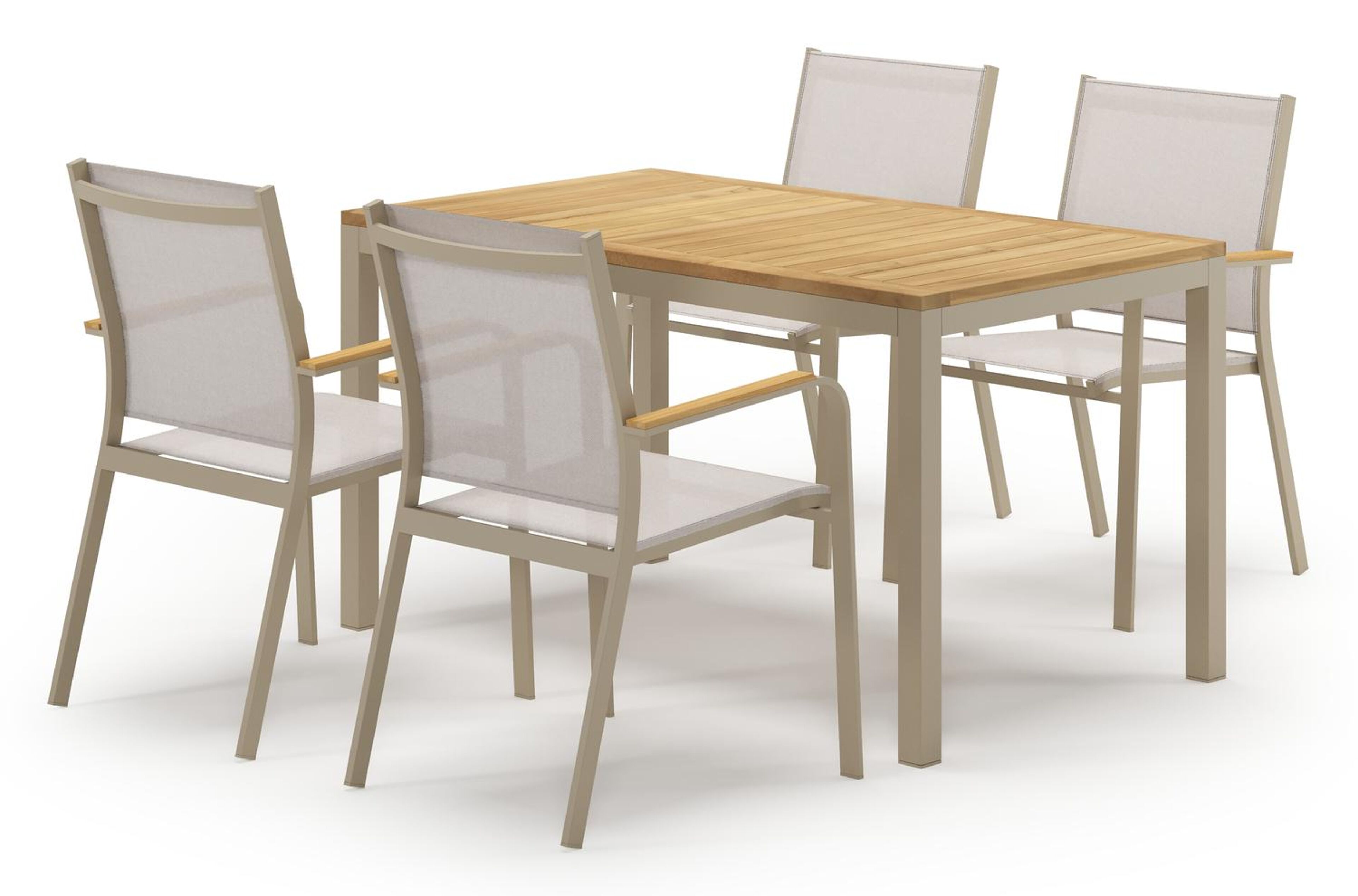 Feltro tuinset in beige aluminium en teak met 4 stapelbare Amalfi tuinstoelen