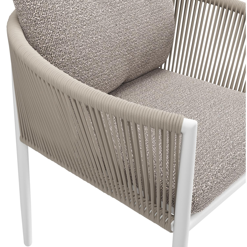 Organo tuinstoel in beige aluminium en beige verticaal geweven ronde rope met stoelkussen in All Weather Sunbrella® Luxe Wander Granite