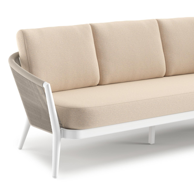 Salon de jardin Orso en aluminium blanc en corde ronde tissée verticalement beige et coussins en all weather sunbrella® luxe Heritage Papyrus