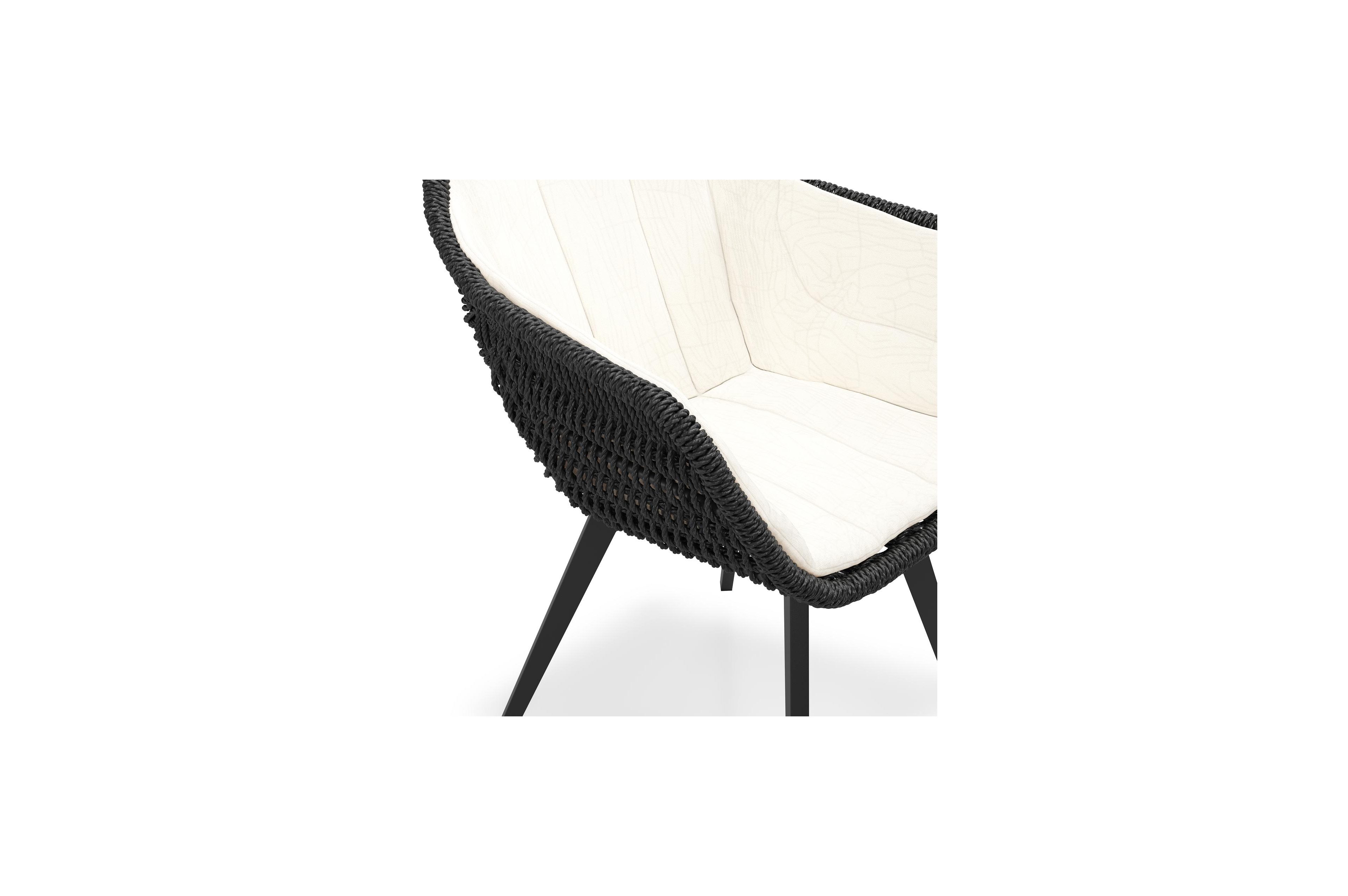 Pagino tuinstoel in zwart aluminium en zwart ronde wicker met zitkussen in All Weather Sunbrella® Luxe Natte White