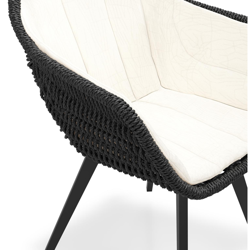 Pagino tuinstoel in zwart aluminium en zwart ronde wicker met zitkussen in All Weather Sunbrella® Luxe Natte White