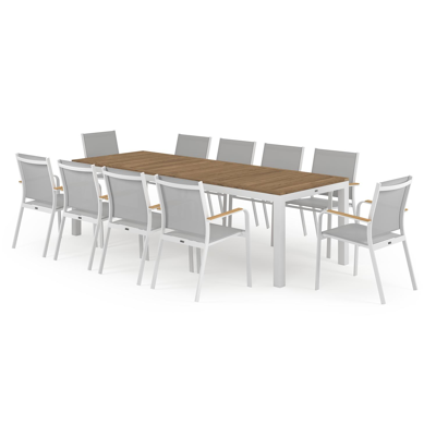 Ensemble de jardin Varese en aluminium blanc avec plateau de table en teck naturel et 10 chaises de jardin empilables Amalfi