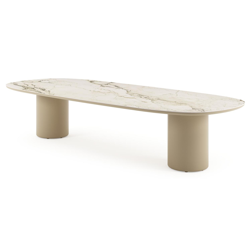 Table de jardin low dining Amico bombo en aluminium beige et céramique pleine Colorado Dunes - Lg. 320 x Lrg. 130 x Haut. 61 cm