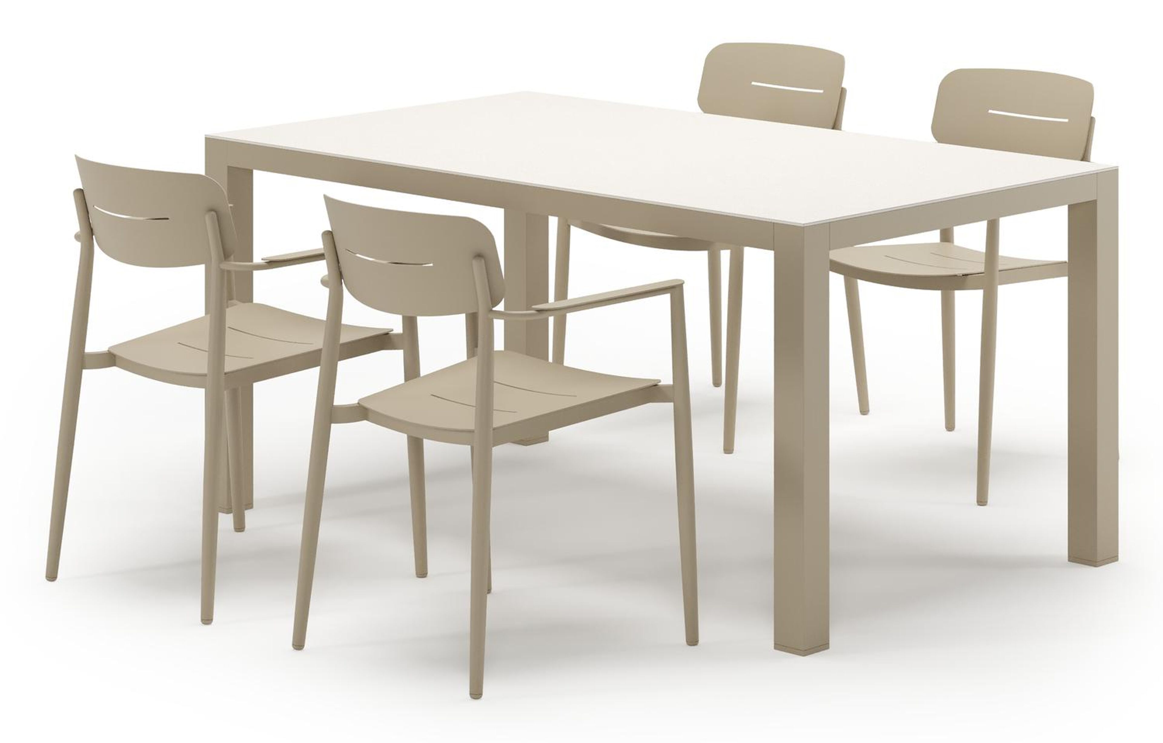 Ensemble de jardin Varese en aluminium beige et sintered stone crema minerale avec 4 chaises de jardin empilable Cosa