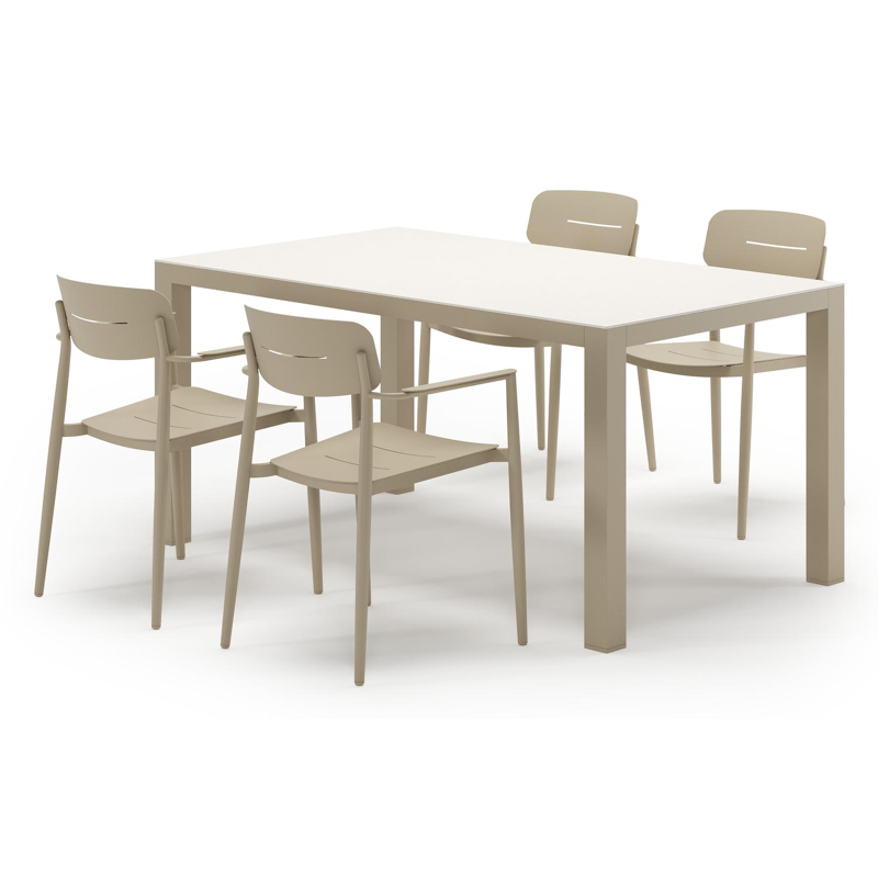 Ensemble de jardin Varese en aluminium beige et sintered stone crema minerale avec 4 chaises de jardin empilable Cosa