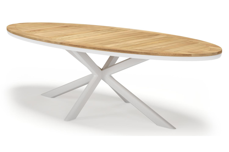 Pamplona tuintafel ovaal in wit aluminium en teak natural finish - L 270 x B 115 x H 72 cm