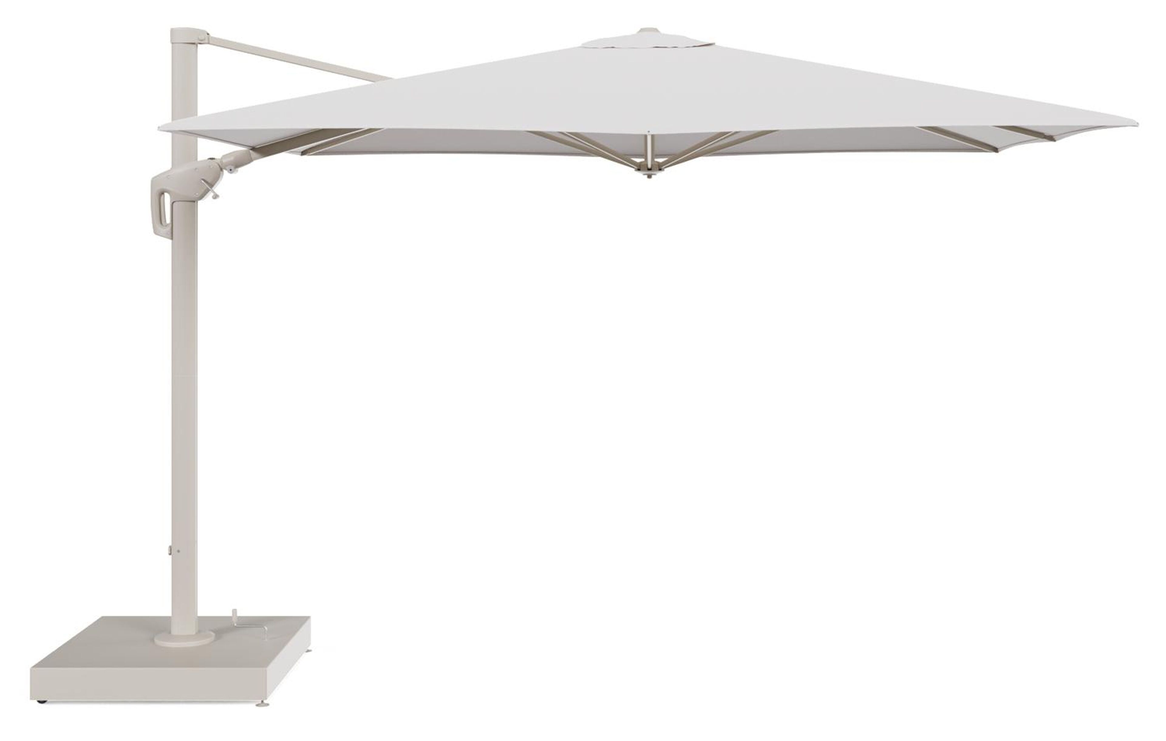 Minore zweefparasol met tiltfunctie in beige aluminium en Ego Eggshell All Weather Solica parasoldoek - L1 280 x L2 370 cm met parasolvoet Minore 260 kg met wielen