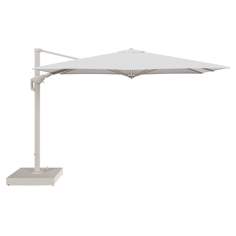 Minore zweefparasol met tiltfunctie in beige aluminium en Ego Eggshell All Weather Solica parasoldoek - L1 280 x L2 370 cm met parasolvoet Minore 260 kg met wielen