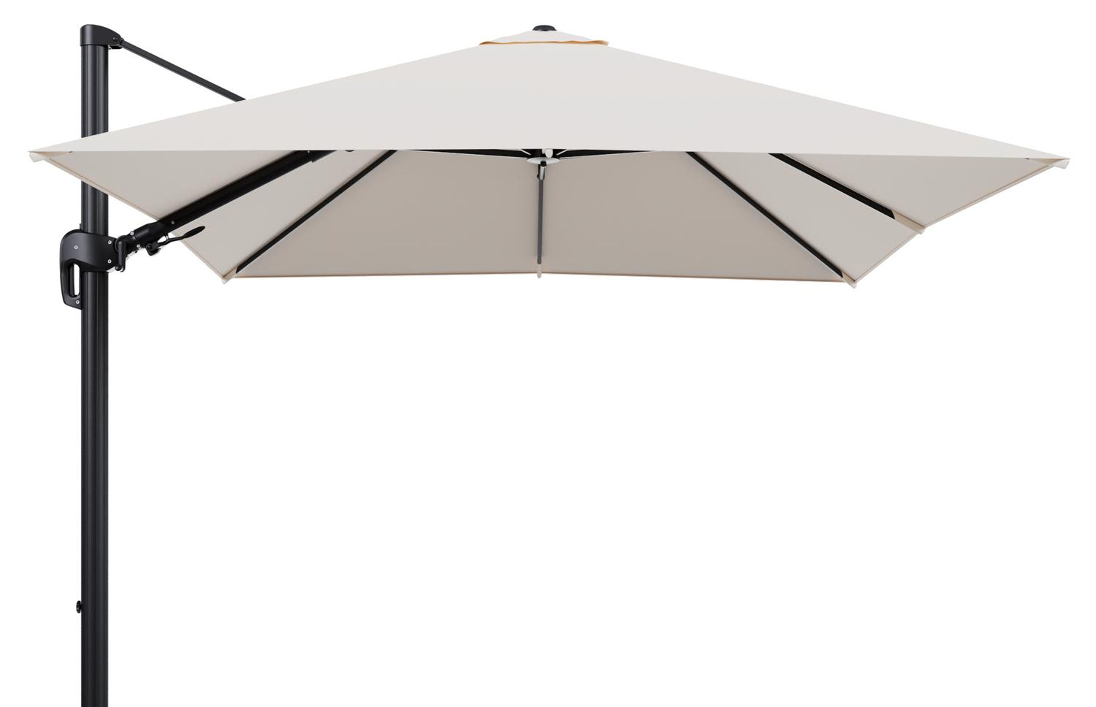 Rufina zweefparasol tiltfunctie in zwart aluminium en parasoldoek in All Weather Sunbrella® Luxe Natte Linen Chalk  - L1 300 x L2 300 cm (zonder voet) (zonder voet)