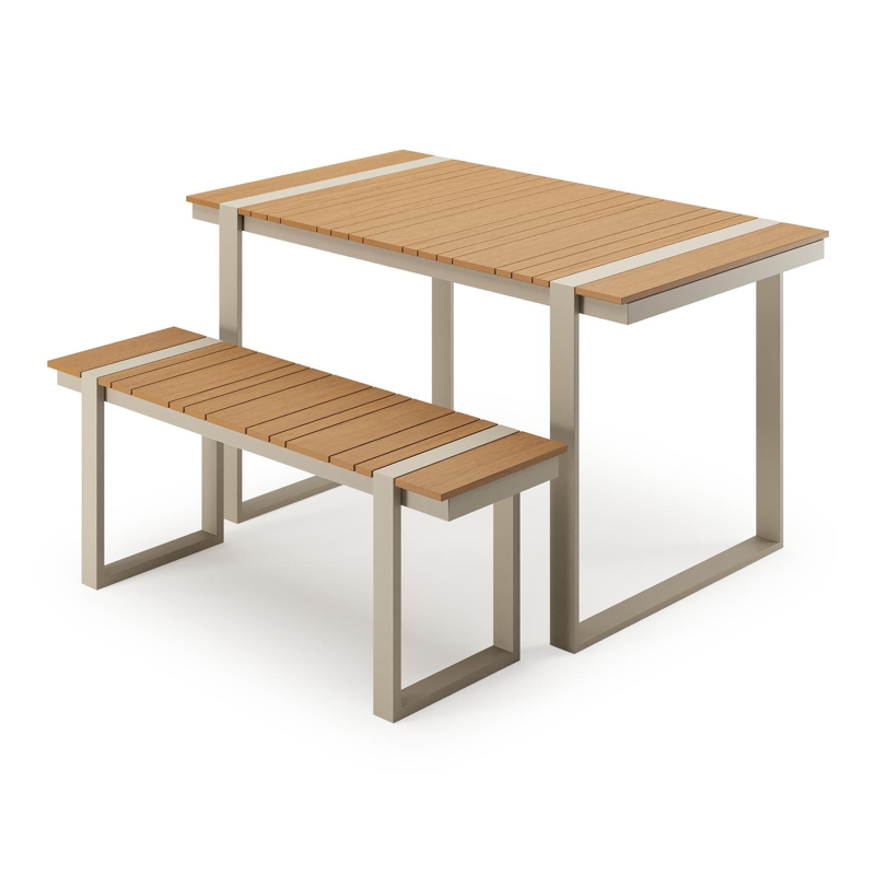 Table basse et banc Merida en beige aluminium et polywood - Lg. 123 x Lrg. 70 x Haut. 70 cm