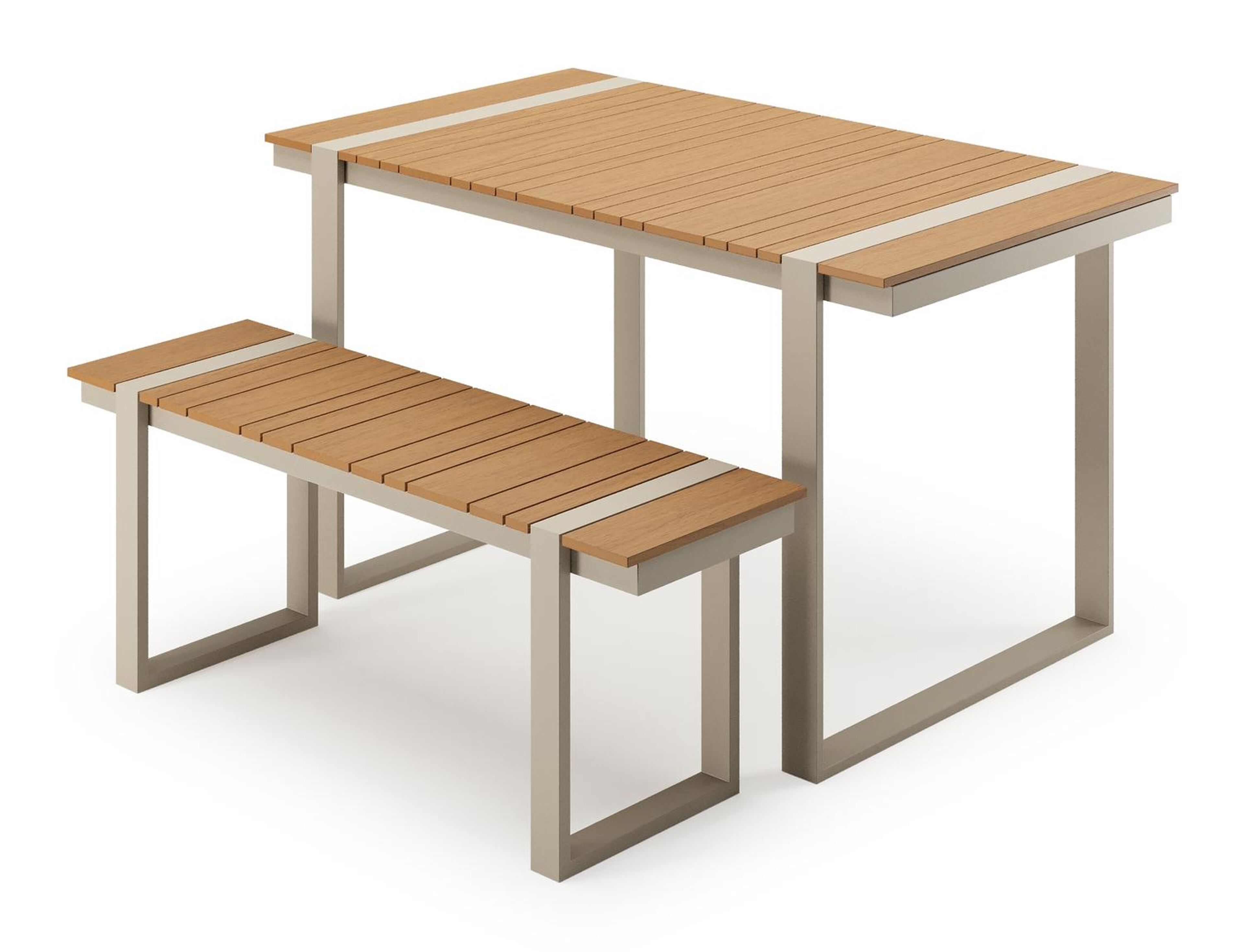 Table basse et banc Merida en beige aluminium et polywood - Lg. 123 x Lrg. 70 x Haut. 70 cm