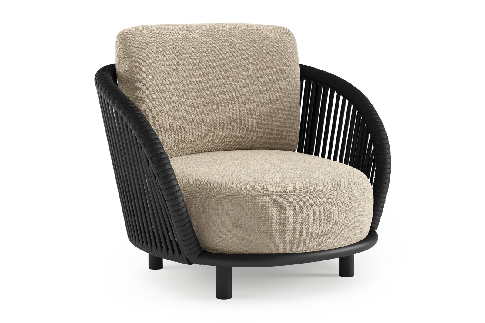 Lupino loungestoel in zwart aluminium en zwart verticaal geweven luxe vlakke brede rope met althea chalk all weather cosytica kussen