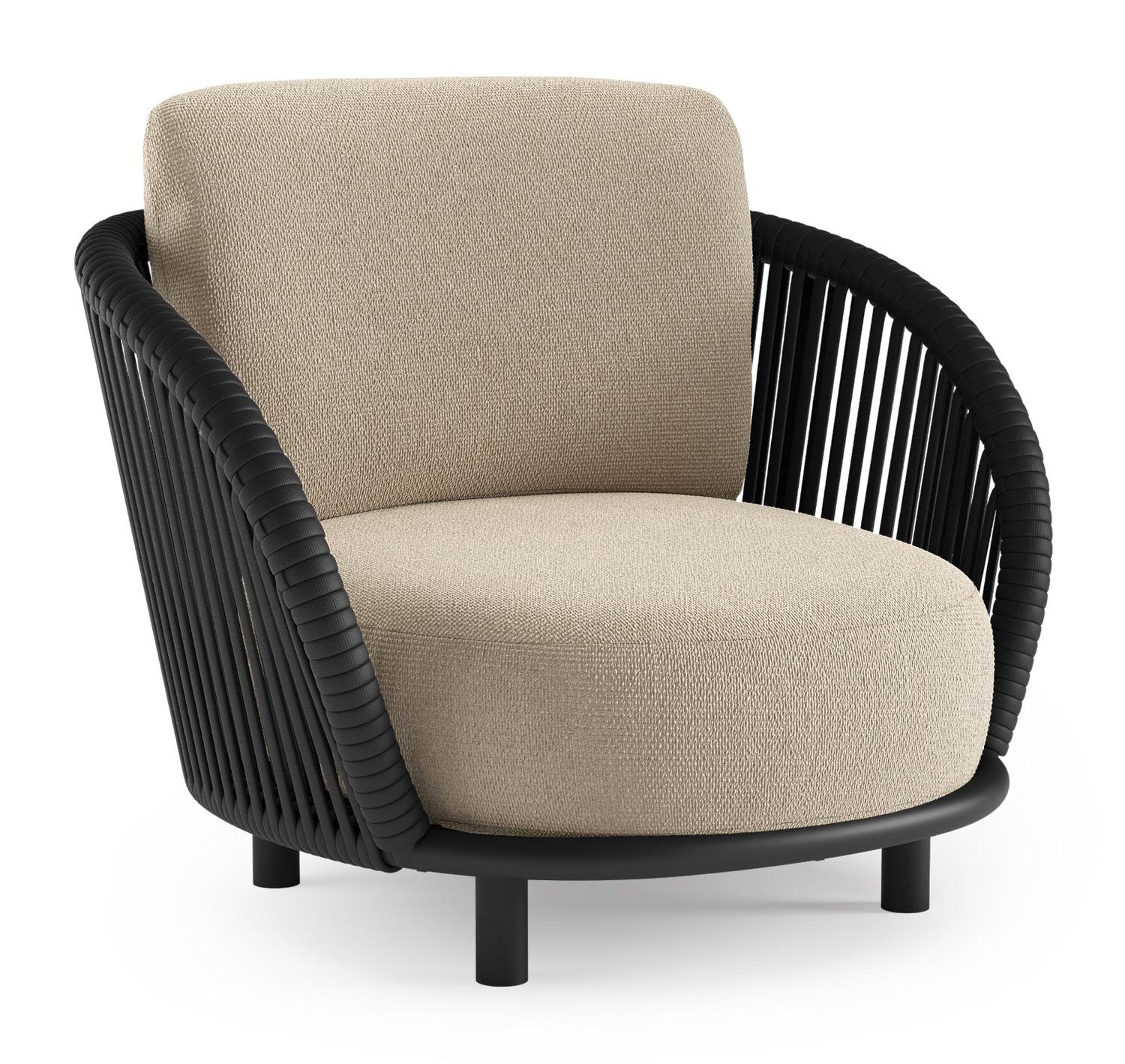 Fauteuil de jardin Lupino en aluminium noir et corde large plate de luxe tissée verticalement noir et coussins en all weather cosytica althea chalk