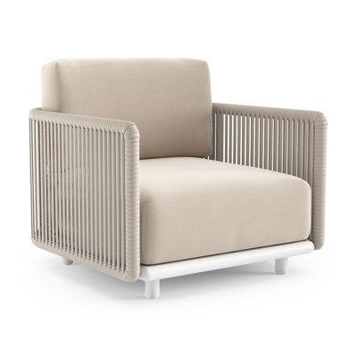Organo loungestoel in wit aluminium en beige verticaal geweven luxe vlakke rope met lopi antique all weather Sunbrella® luxe kussen