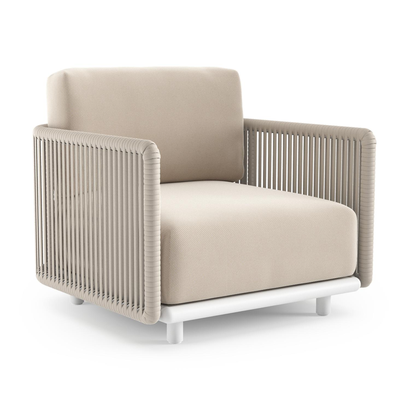 Organo loungestoel in wit aluminium en beige verticaal geweven luxe vlakke rope met lopi antique all weather Sunbrella® luxe kussen