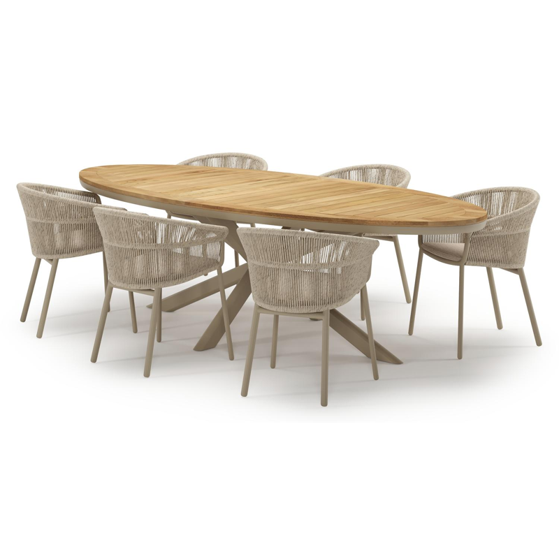 Ensemble de jardin Pamplona en aluminium beige et sintered stone natural finish avec 6 chaises de jardin empilable Matera
